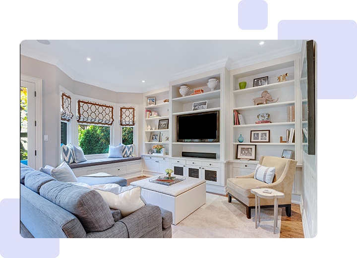 A living room with white walls and furniture.